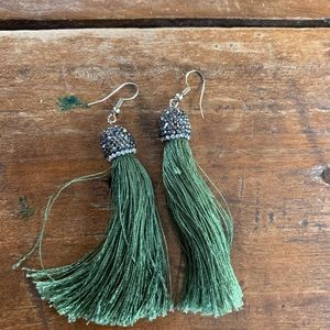 Sage green and marcasite rhinestone tassel earring